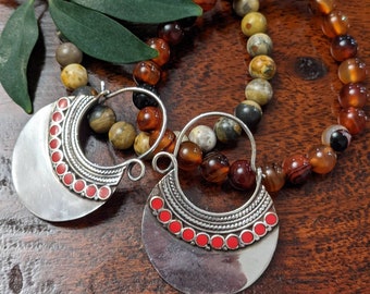 Handmade Brass Boho Hoop Earrings with Gemstone