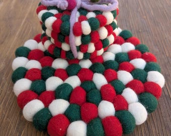 Handmade Felt Ball Coasters: Eco-Friendly Home Decor | Vibrant Wool Felt Drink Mats | Christmas Present