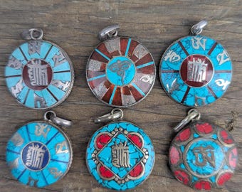 Vintage Tibetan Buddhist symbol pendant with turquoise, Coral and Lapis Lazuli inlaid (p7-045)