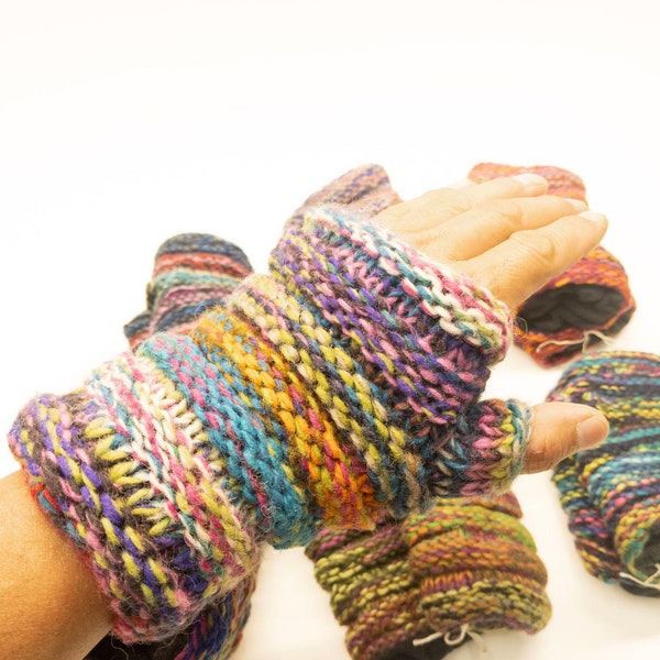 Handmade woolen knit fleece lined multi color unisex fingerless gloves