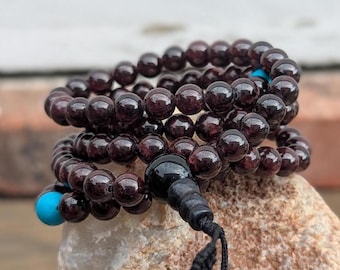 Handmade Tibetan Dark Garnet Bead Mala with Turquoise Guru Bead (bm-118)