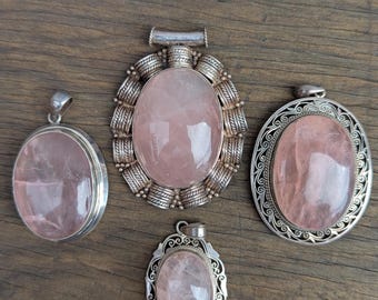 Vintage Handmade Rose Quartz Pendant with sterling silver, for men or women (p7-016)