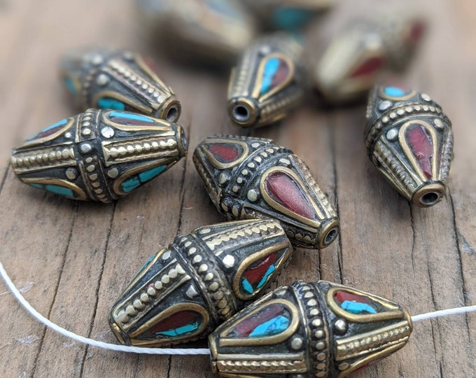 Handcraft 10 Beads - Rice bean shape ethnic Himalayan bead with circles design brass turquoise coral inlays