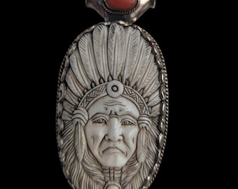 Carved Buffalo Bone Indian Chief Pendant: Tibetan Silver Boho Necklace