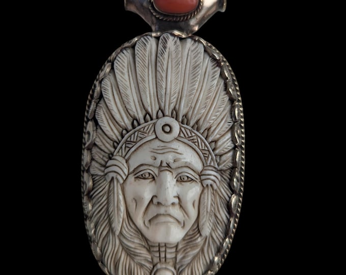 Carved Buffalo Bone Indian Chief Pendant: Tibetan Silver Boho Necklace