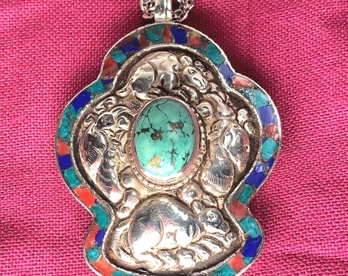 P3/74-Tibetan Treasure Turquoise Bird Centerpiece Silver Pendant (T12-074)