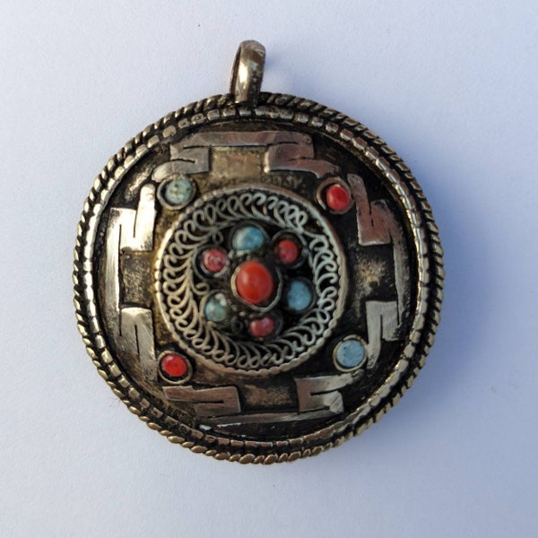 Om Double sided Tibetan Kalachakra mantra filigree circles brass pendant with turquoise coral  inlay