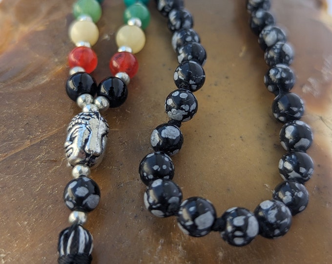 Snowflake obsidian with 7Chakra stone/ Snowflake mala/ Knotted Snowflake obsidian Bead Meditation Mala, 108 Beads Snowflake Crystal mala