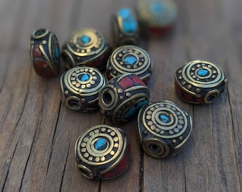 Handcraft 10 Beads - Rice bean shape ethnic Himalayan bead with circles design brass turquoise coral inlays