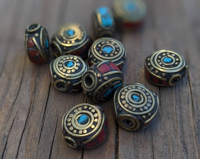 Handcraft 10 Beads - Rice bean shape ethnic Himalayan bead with circles design brass turquoise coral inlays