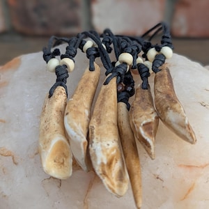 May include: A collection of six pendants featuring tan, tooth-shaped charms suspended from black cord necklaces. Each cord is accented with small, round, cream-colored beads and secured with adjustable knots, creating a layered arrangement.