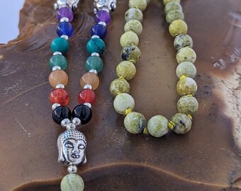 green and black jasper with 7 Chakra stone/ light green jasper mala/ Meditation Mala knotted, 108 Beads/Light Green jasper Crystal mala