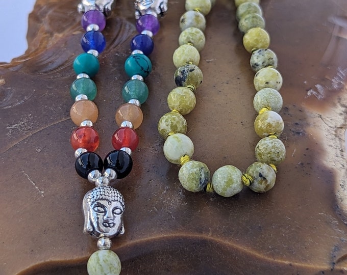 green and black jasper with 7 Chakra stone/ light green jasper mala/ Meditation Mala knotted, 108 Beads/Light Green jasper Crystal mala