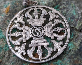 Silver Tibetan Double Vajra cross pendant(Central Om) (T1102-007)