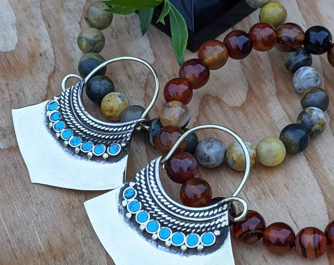 Hoop earrings with gem stone. Ethnic look brass earrings with chooses of stone. Malachite, turquoise, lapis lazuli, Coral.