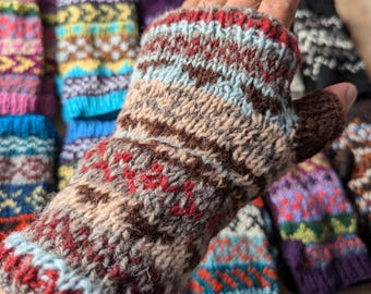 Handmade woolen knit fleece-lined multi color fingerless gloves