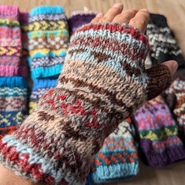 Handmade woolen knit fleece-lined multi color fingerless gloves
