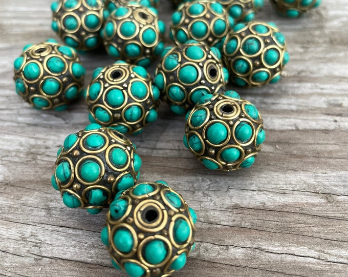 Huge Turquoise inlays 1.5-inch Tibetan Handcraft Beads: Rice bean-shaped ethnic Himalayan bead with circles design