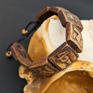 Om&quot; Recycle Tibetan Yak Bone Mantra Bracelet/ Yak Bone engrave/ Hand Carved Yak Bone Tibetan Mantra Auspicious Symbols Adjustable Bracelet