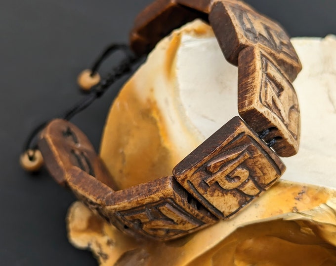 Om" Recycle Tibetan Yak Bone Mantra Bracelet/ Yak Bone engrave/ Hand Carved Yak Bone Tibetan Mantra Auspicious Symbols Adjustable Bracelet