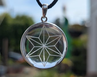 Himalayan Quartz Pendant—Flower of life/Nautical star Symbol: Sterling Silver, High-Altitude Clarity, (P7-67C)