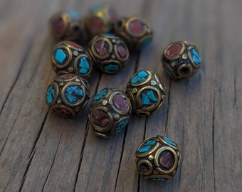 Handcraft 10 Beads - Rice bean shape ethnic Himalayan bead with circles design brass turquoise coral inlays
