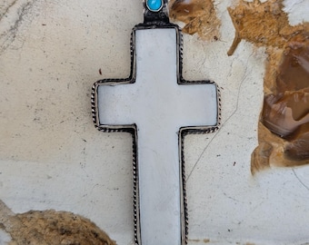 Handmade White Bone Cross Pendant, Tibetan-Inspired Necklace, Detailed Back Carving, Spiritual Jewelry PE102-B