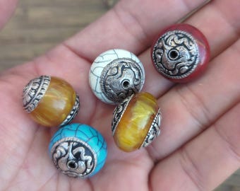 Handcraft unique oval-shaped beads, ethnic Himalayan bead with circles design brass turquoise coral inlays