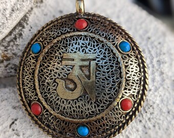 Double sided Tibetan Kalachakra mantra filigree circles brass pendant with turquoise coral  inlay