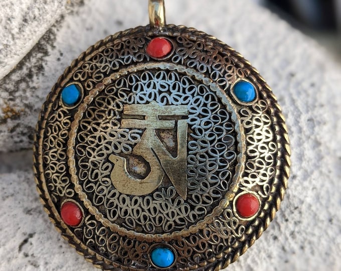 Double sided Tibetan Kalachakra mantra filigree circles brass pendant with turquoise coral  inlay