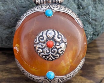 Tibetan Amber Medallion Pendant collection—Orange and Yellow Amber with Turquoise and Coral Inlay (p6-026)