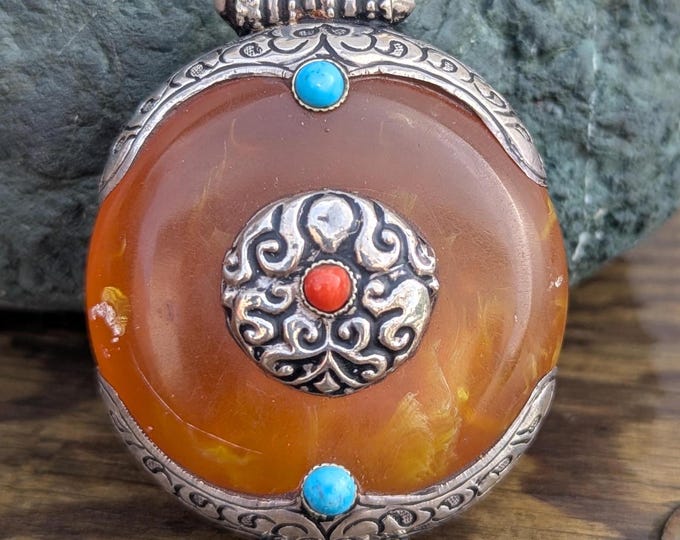 Tibetan Amber Medallion Pendant collection—Orange and Yellow Amber with Turquoise and Coral Inlay (p6-026)