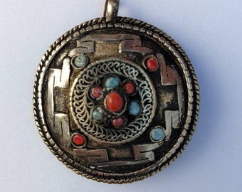 Om Double sided Tibetan Kalachakra mantra filigree circles brass pendant with turquoise coral  inlay