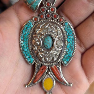 Handmade Tibetan Vintage Coral and Turquoise Inlaid Pendant (p6-005)