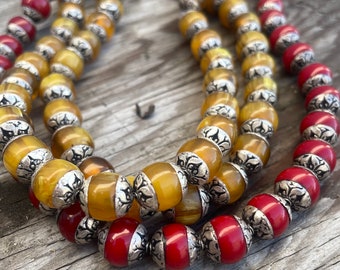 Handcraft 10 Tibetan Amber Beads: Rice bean Shaped ethnic Himalayan bead with circles design Silver Cap