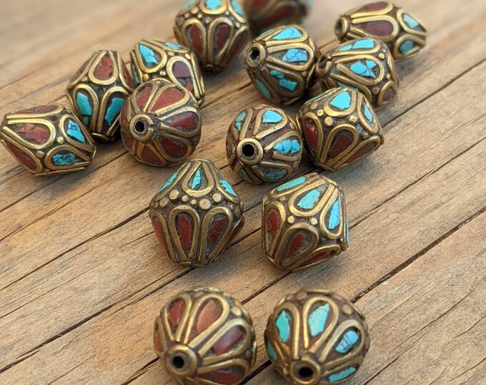 Handcraft 15 Beads - Rice bean shape ethnic Himalayan bead with circles design brass turquoise coral inlays