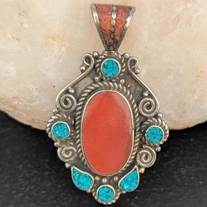 Handmade Tibetan Vintage brass amulet pendant with turquoise and coral stones (p6-034)