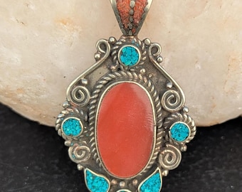 Handmade Tibetan Vintage brass amulet pendant with turquoise and coral stones (p6-034)