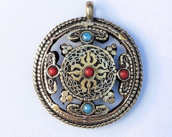 Double Sided Om Dorjee Tibetan Pendant: Brass Filigree Amulet