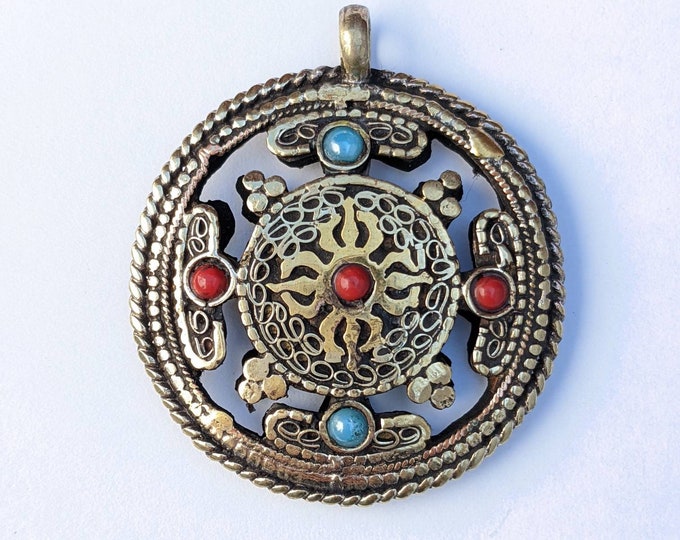 Double sided Om and Double Dorjee Tibetan Pendant. Filigree Brass copper and Bronze mix