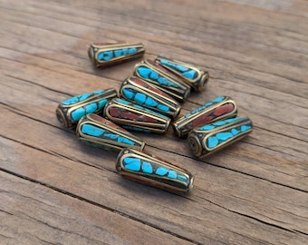 Handcrafted Rice Bean Beads: Brass, Turquoise & Coral Inlays