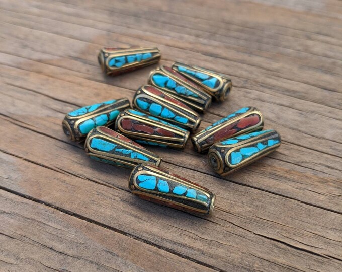 Handcraft 10 Beads - Rice bean shape ethnic Himalayan bead with circles design brass turquoise coral inlays
