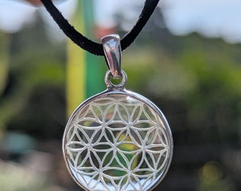 Himalayan Quartz Pendant—Flower of life/triple spiral/eternal spiral/triquetra knot: Sterling Silver, High-Altitude Clarity, (P7-67B)
