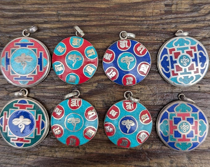 Handmade turquoise and coral silver om mani padme hum medallion pendant collection (p7-003)