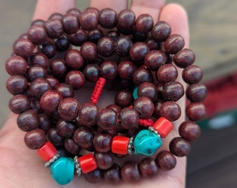 Bodhi Seed Tibetan Beads Mala with Turquoise & Coral Stones - Meditation Necklace ( bm-109)