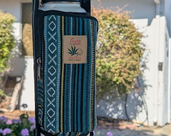 Hemp Cotton Water Bottle Holder: Zipper Phone Pocket, Crossbody Bag