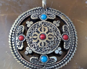 Vintage Tibetan Om Ethnic pendant with Turquoise and Coral inlay (p6-013)