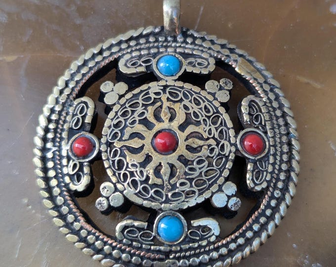 Vintage Tibetan Om Ethnic pendant with Turquoise and Coral inlay (p6-013)