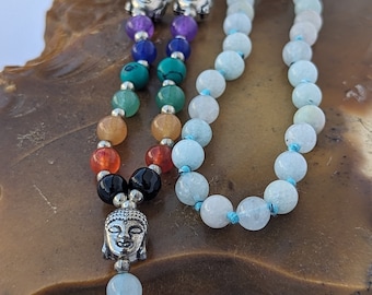 Light Green Agate 7 Chakra Mala: Knotted Meditation Beads