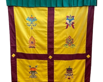 Embroidered Tibetan Door Curtain: Eight Auspicious Symbols, 42x72 Inches